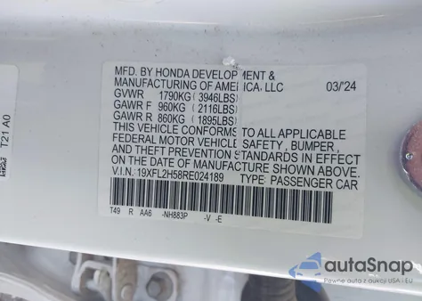 2024 Honda Civic Lx из США, поврежденный, VIN 19XFL2H58RE024189